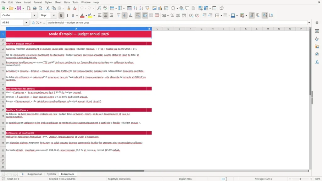 Instructions – Budget annuel Excel : suivi des dépenses