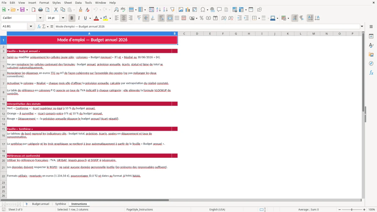 Capture 3 : feuille Instructions - Modèle Excel budget annuel excel