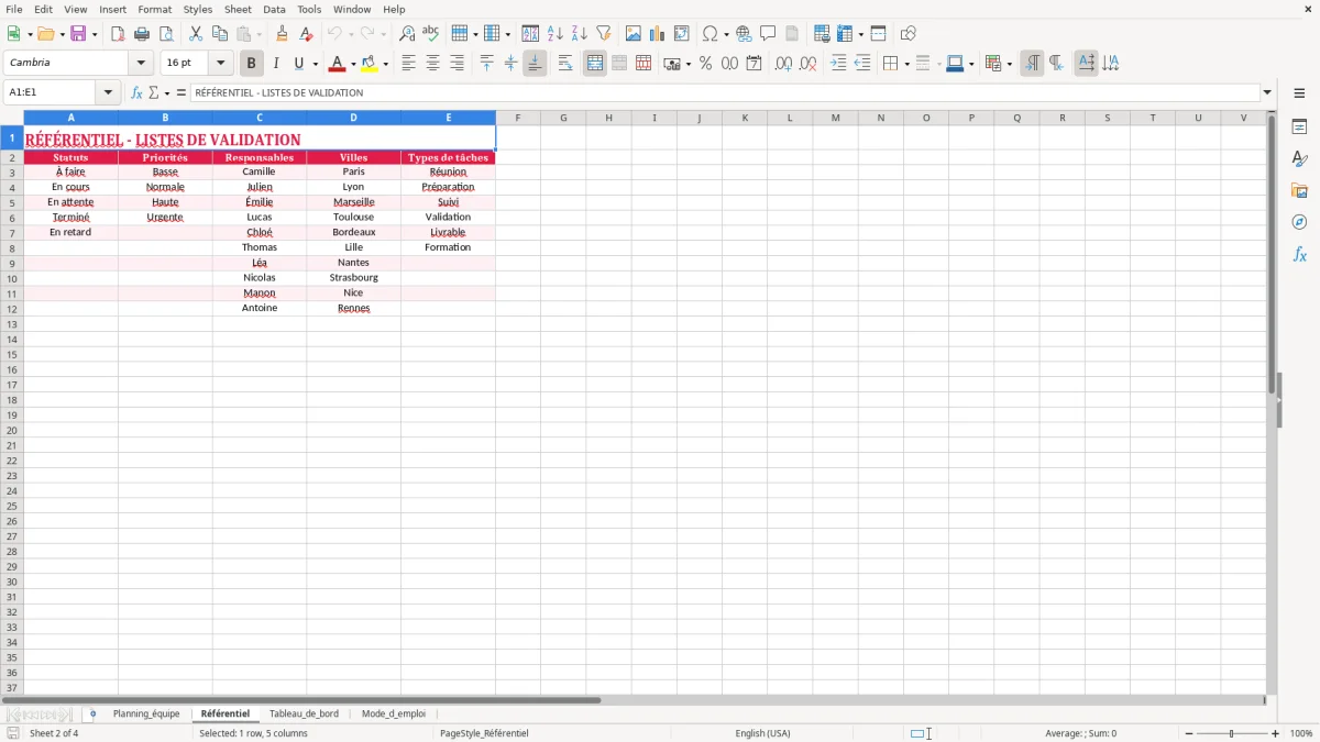 Capture 2 : feuille Référentiel - Modèle Excel creer planning excel