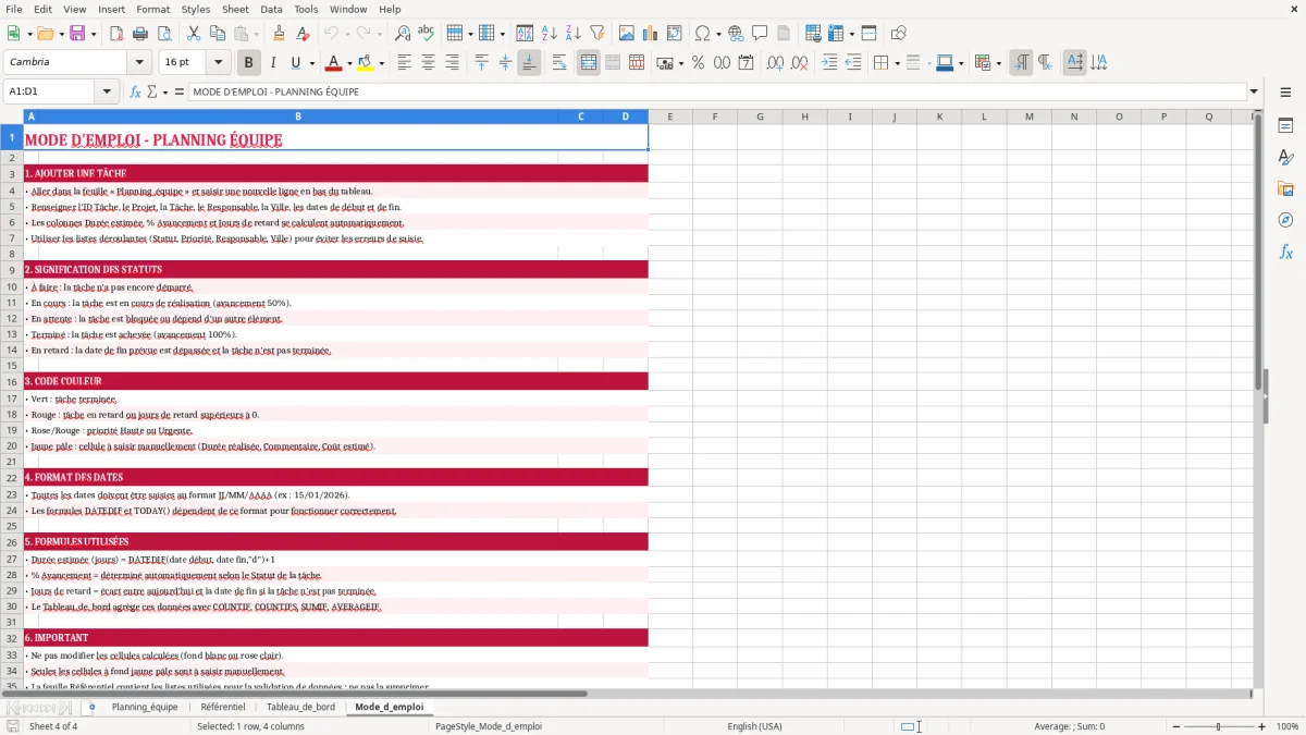 Capture 4 : feuille Mode_d_emploi - Modèle Excel creer planning excel