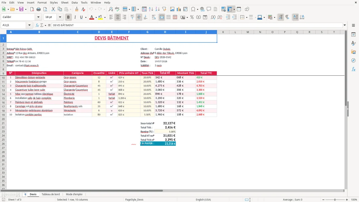 Capture 1 : feuille Devis - Modèle Excel devis batiment excel