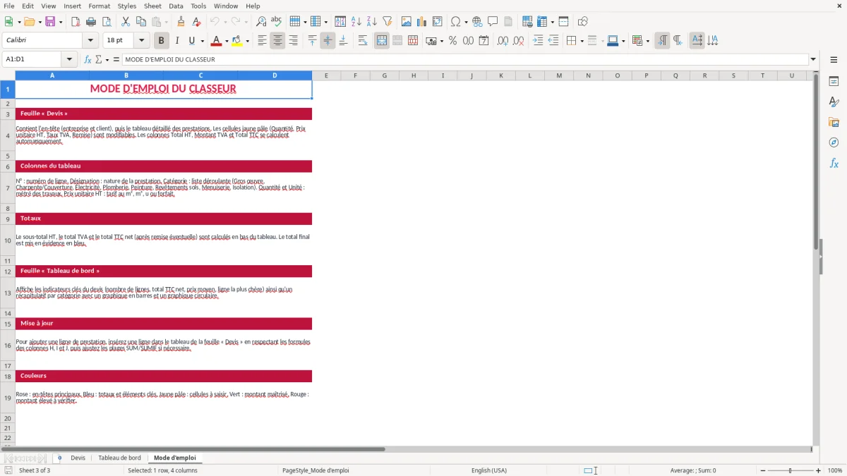 Capture 3 : feuille Mode d'emploi - Modèle Excel devis batiment excel
