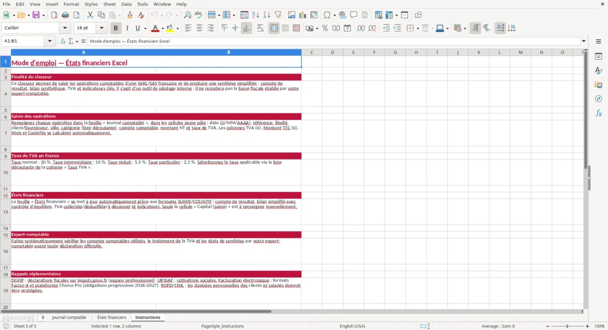 Excel – etats financiers excel – Instructions