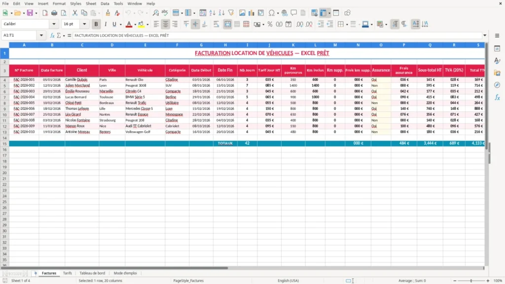 Factures – Facture location voiture Excel – Modèle (2026)