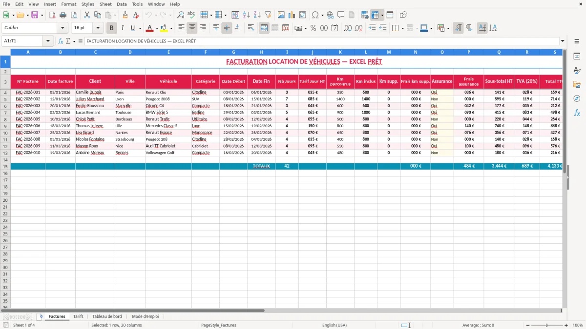 Capture 1 : feuille Factures - Modèle Excel facture location voiture excel