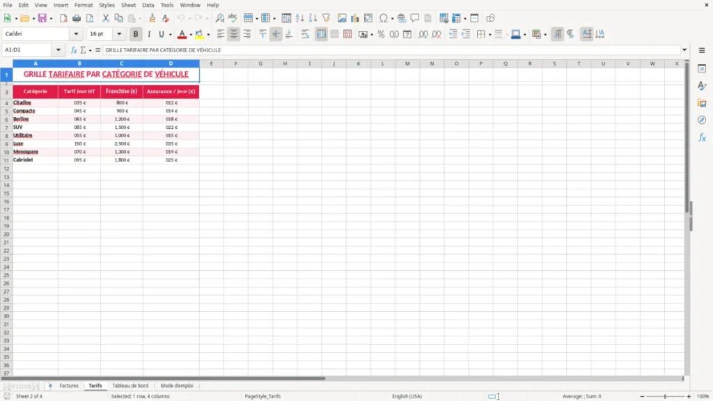 Tarifs – Facture location voiture Excel – Modèle (2026)