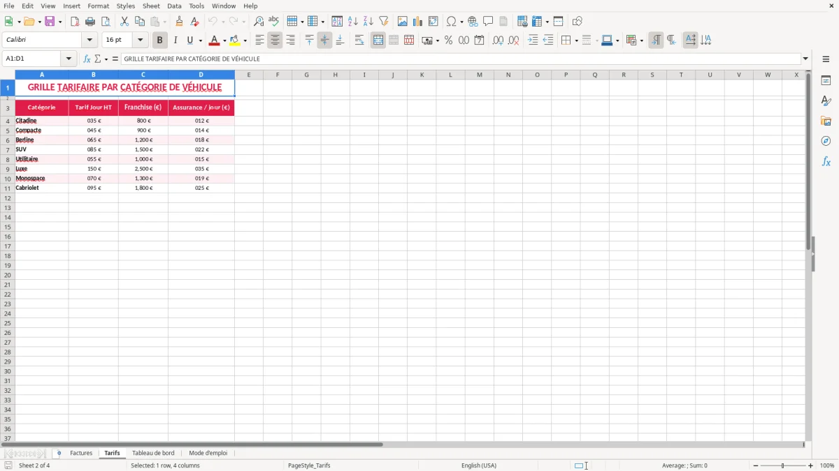 Capture 2 : feuille Tarifs - Modèle Excel facture location voiture excel