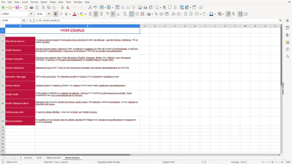 Mode d'emploi – Facture location voiture Excel – Modèle (2026)