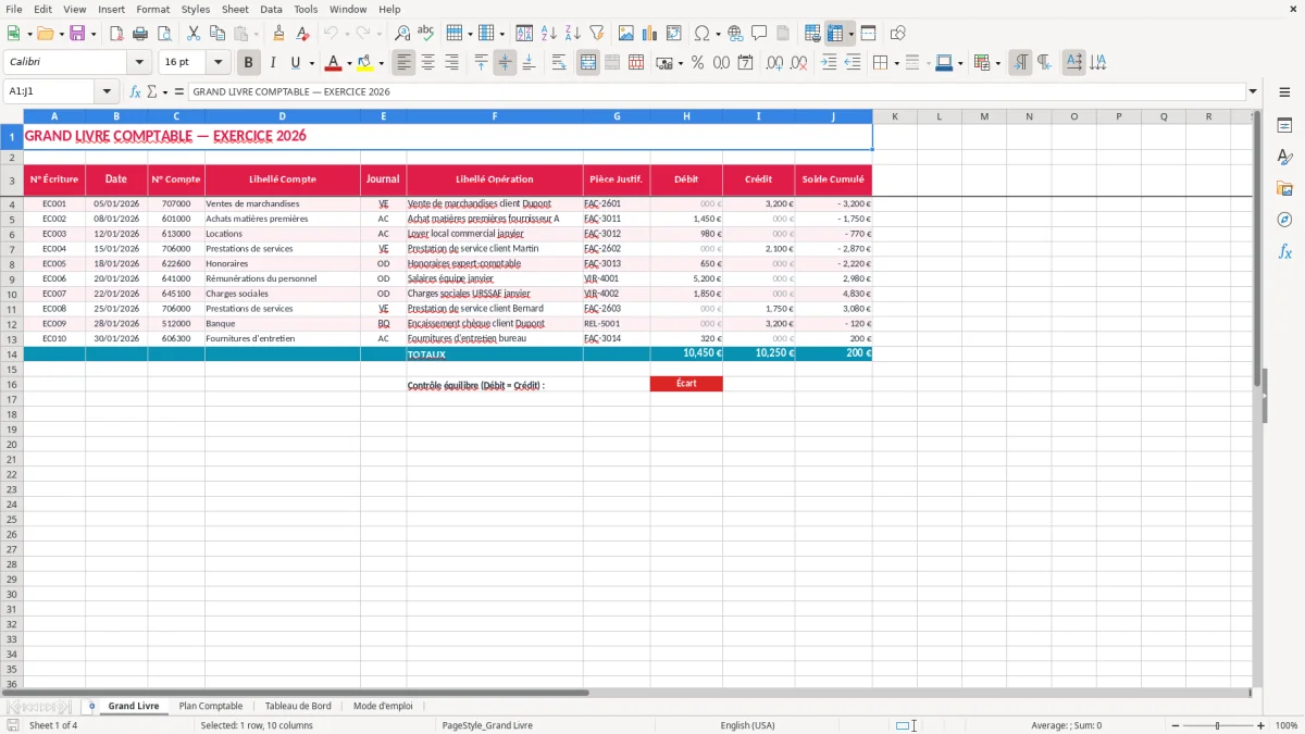 Capture 1 : feuille Grand Livre - Modèle Excel grand livre comptable excel