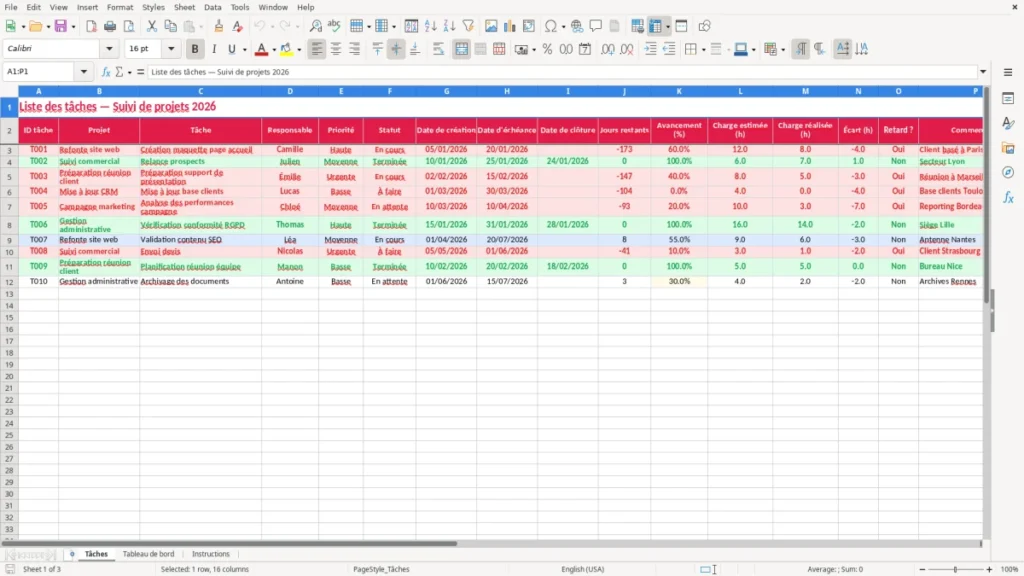 Tâches – Liste tâches Excel – Modèle Gratuit (2026)