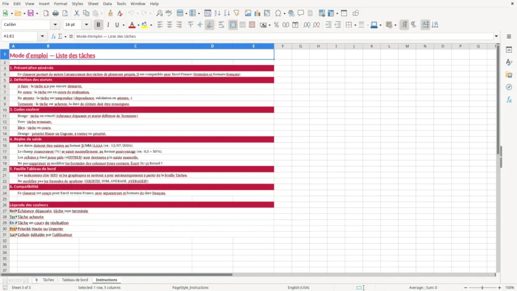 Instructions – Liste tâches Excel – Modèle Gratuit (2026)