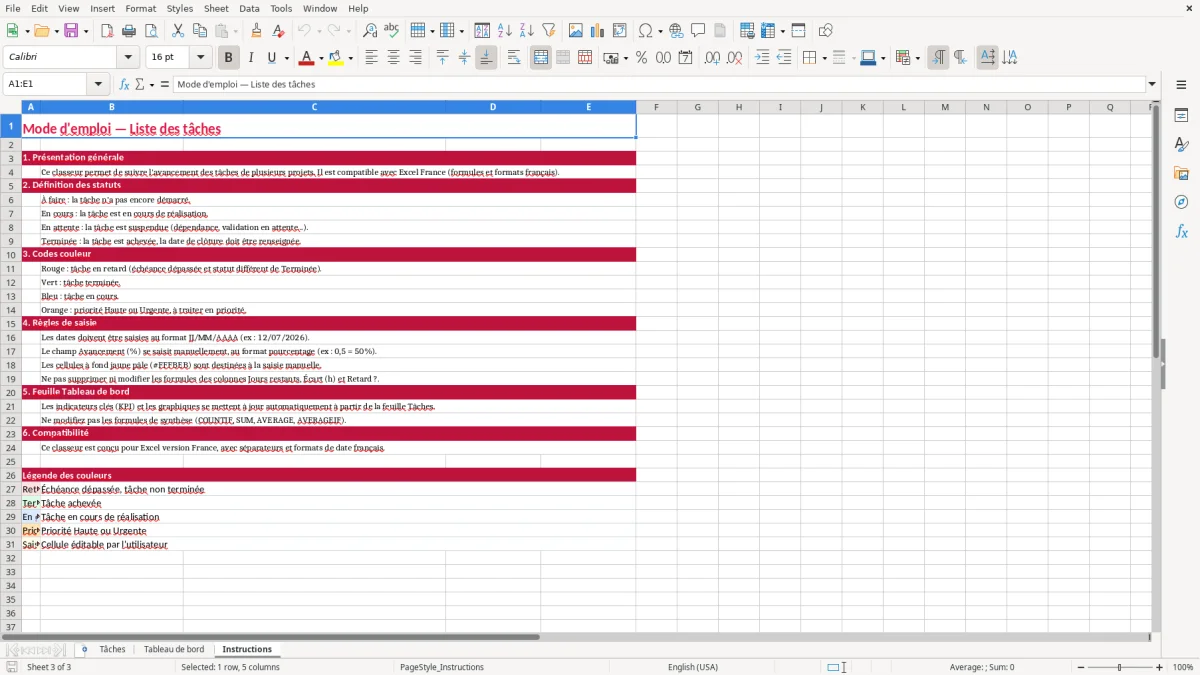 Capture 3 : feuille Instructions - Modèle Excel liste taches excel