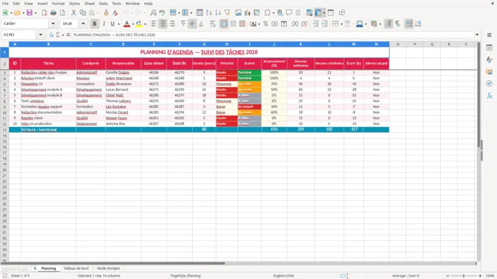Planning – Planning agenda Excel – Modèle Gratuit (2026)