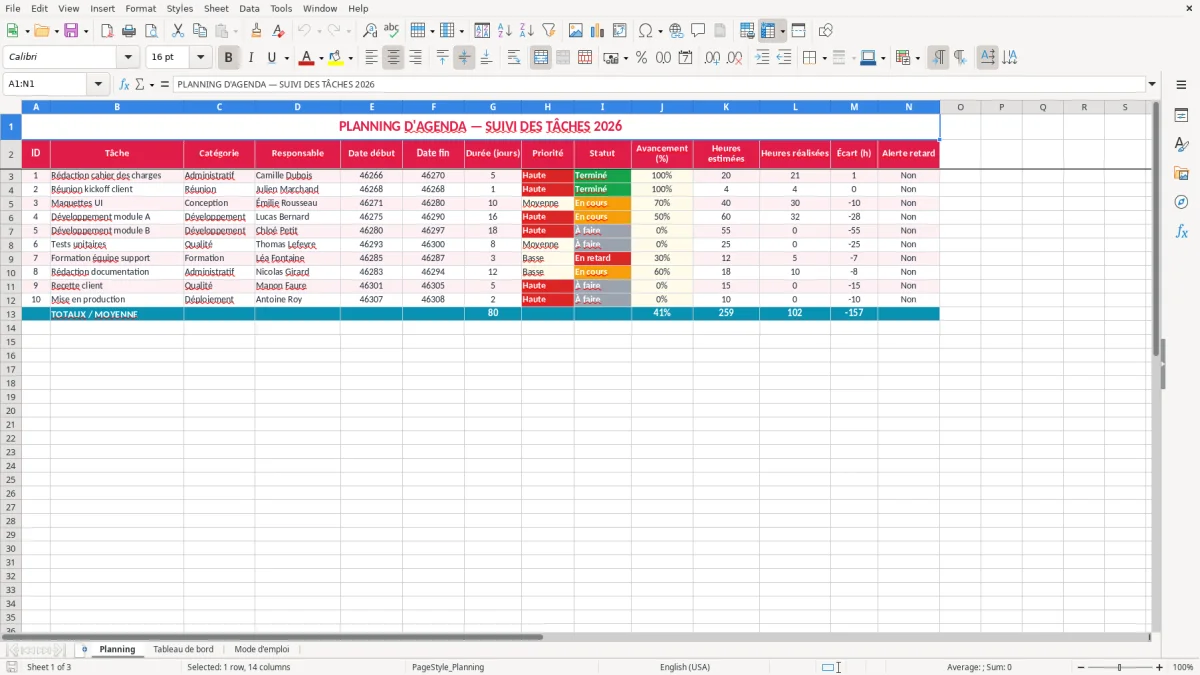 Capture 1 : feuille Planning - Modèle Excel planning agenda excel