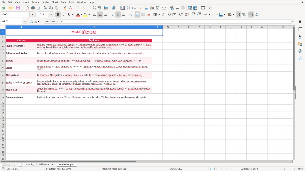 Capture 3 : feuille Mode d'emploi - Modèle Excel planning agenda excel
