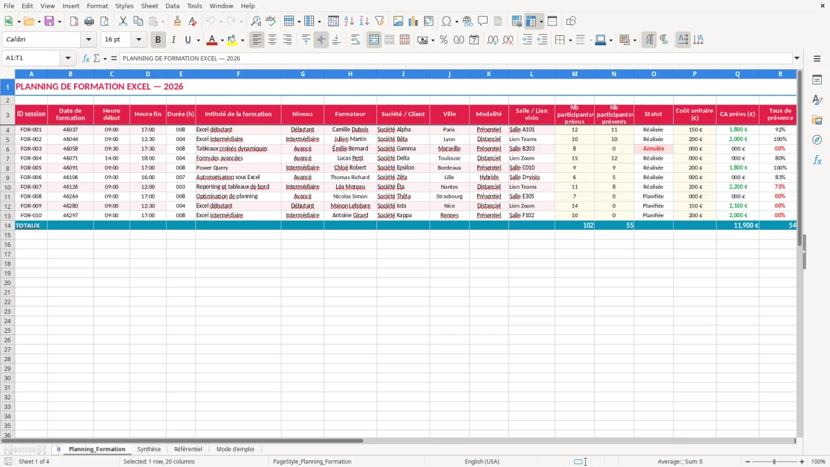 Capture 1 : feuille Planning_Formation - Modèle Excel planning formation excel