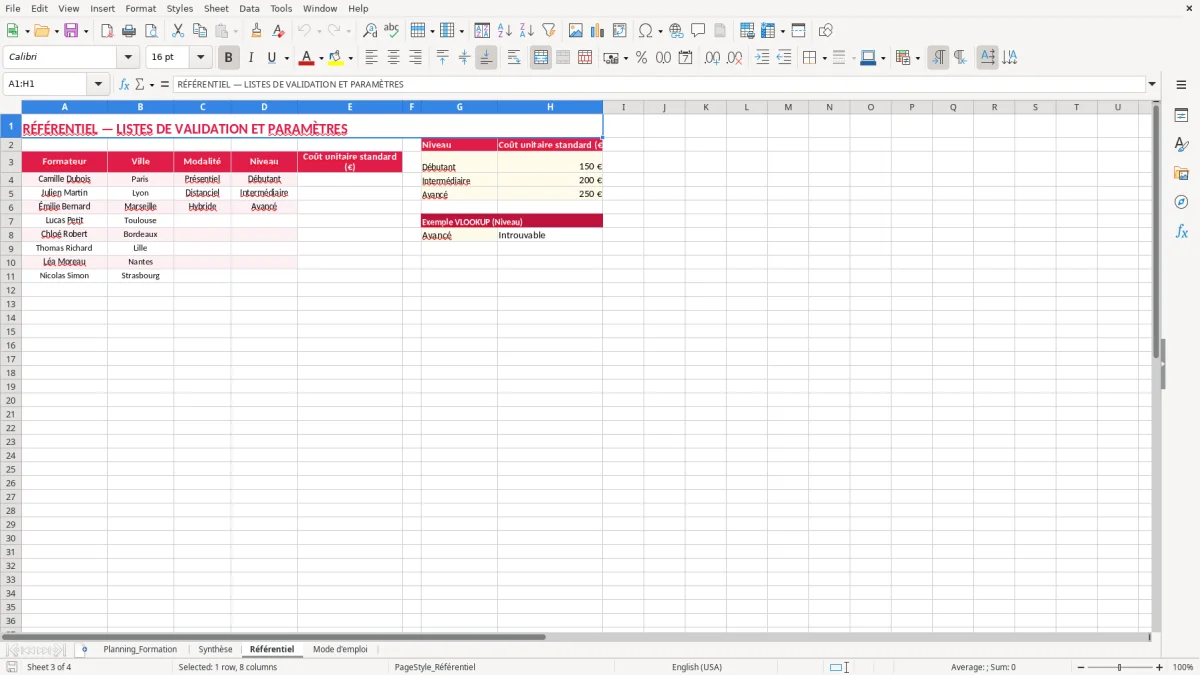 Capture 3 : feuille Référentiel - Modèle Excel planning formation excel
