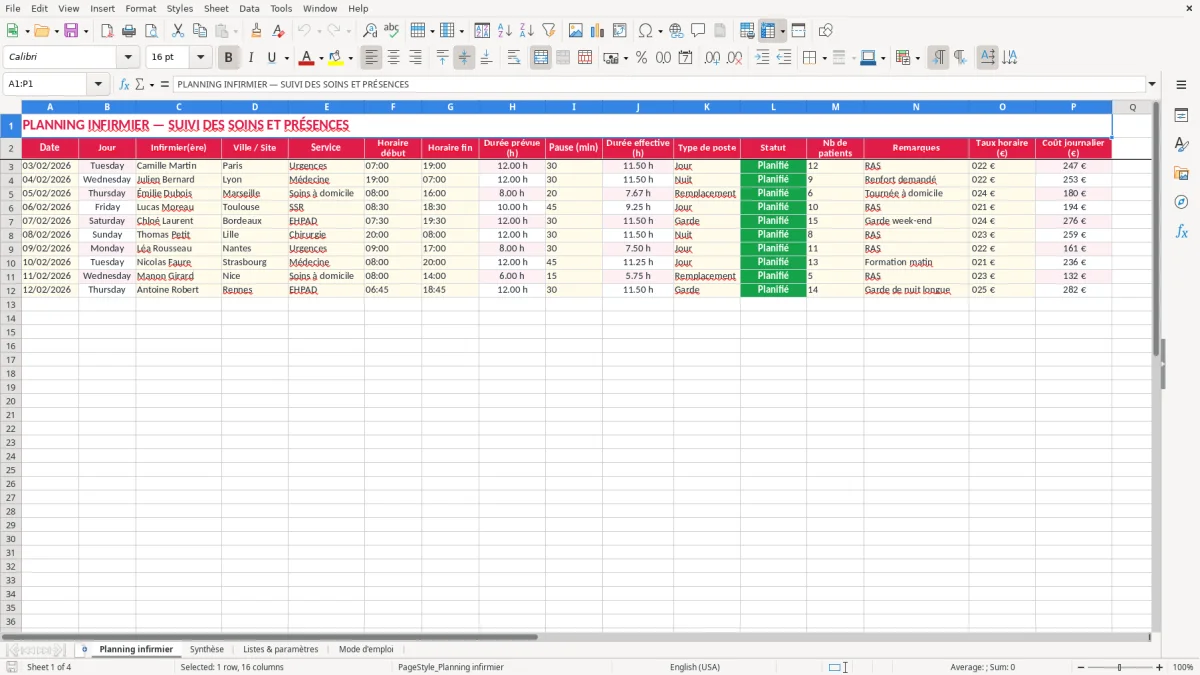 Capture 1 : feuille Planning infirmier - Modèle Excel planning infirmier excel