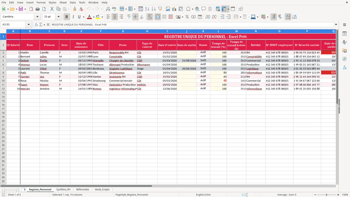 Capture 1 : feuille Registre_Personnel - Modèle Excel registre personnel dematerialise excel