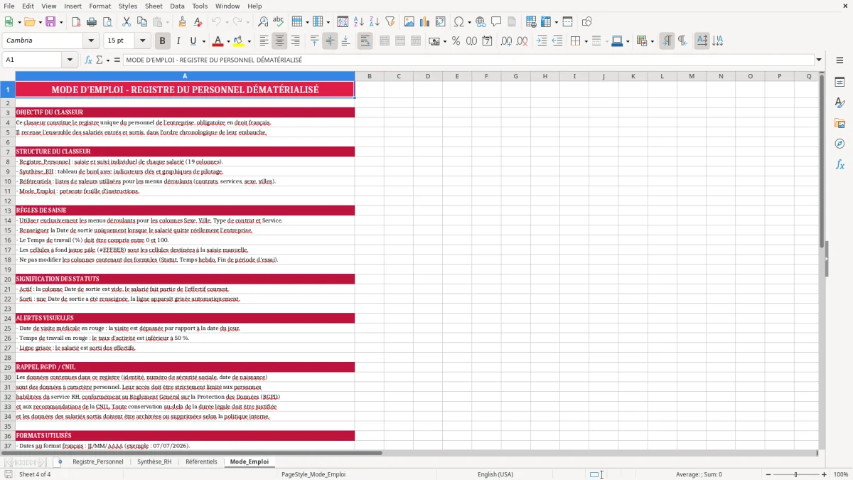 Capture 4 : feuille Mode_Emploi - Modèle Excel registre personnel dematerialise excel