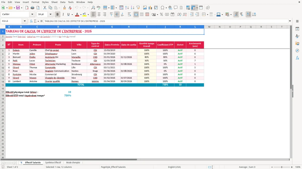 Capture 1 : feuille Effectif Salariés - Modèle Excel tableau calcul effectif entreprise excel