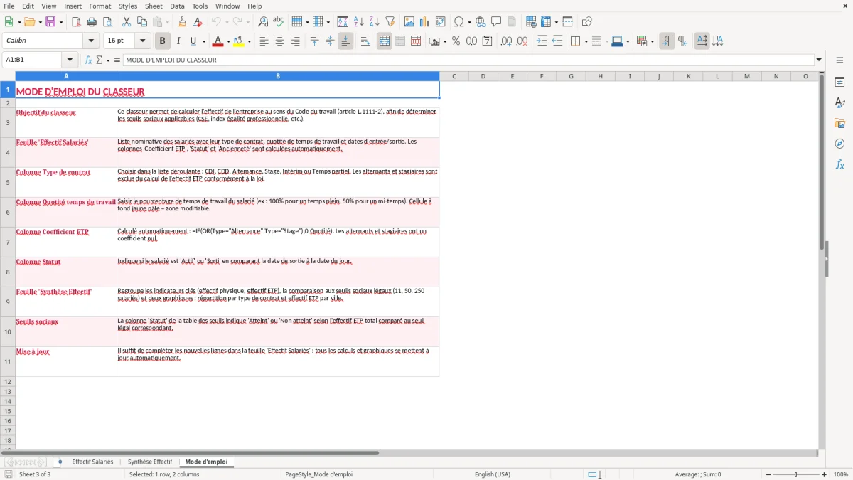 Capture 3 : feuille Mode d'emploi - Modèle Excel tableau calcul effectif entreprise excel