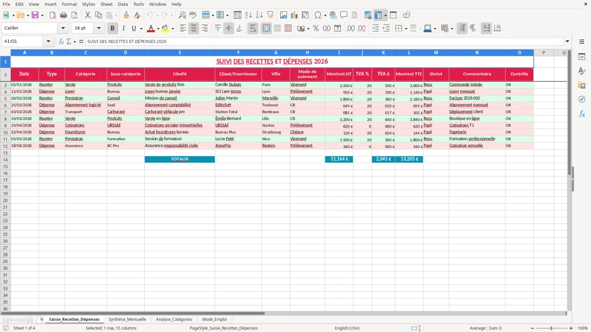 Capture 1 : feuille Saisie_Recettes_Dépenses - Modèle Excel tableau recettes depenses excel