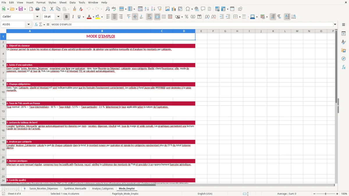 Capture 4 : feuille Mode_Emploi - Modèle Excel tableau recettes depenses excel