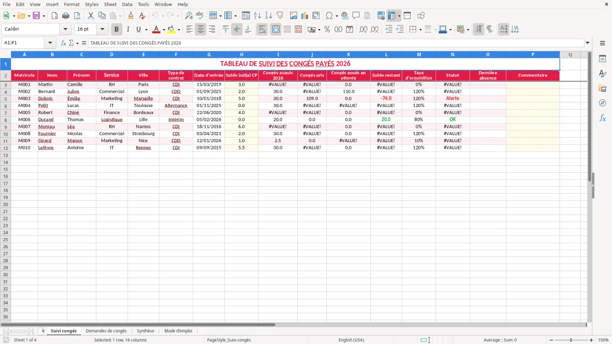 Capture 1 : feuille Suivi congés - Modèle Excel tableau suivi conges excel