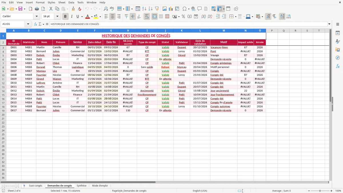 Capture 2 : feuille Demandes de congés - Modèle Excel tableau suivi conges excel
