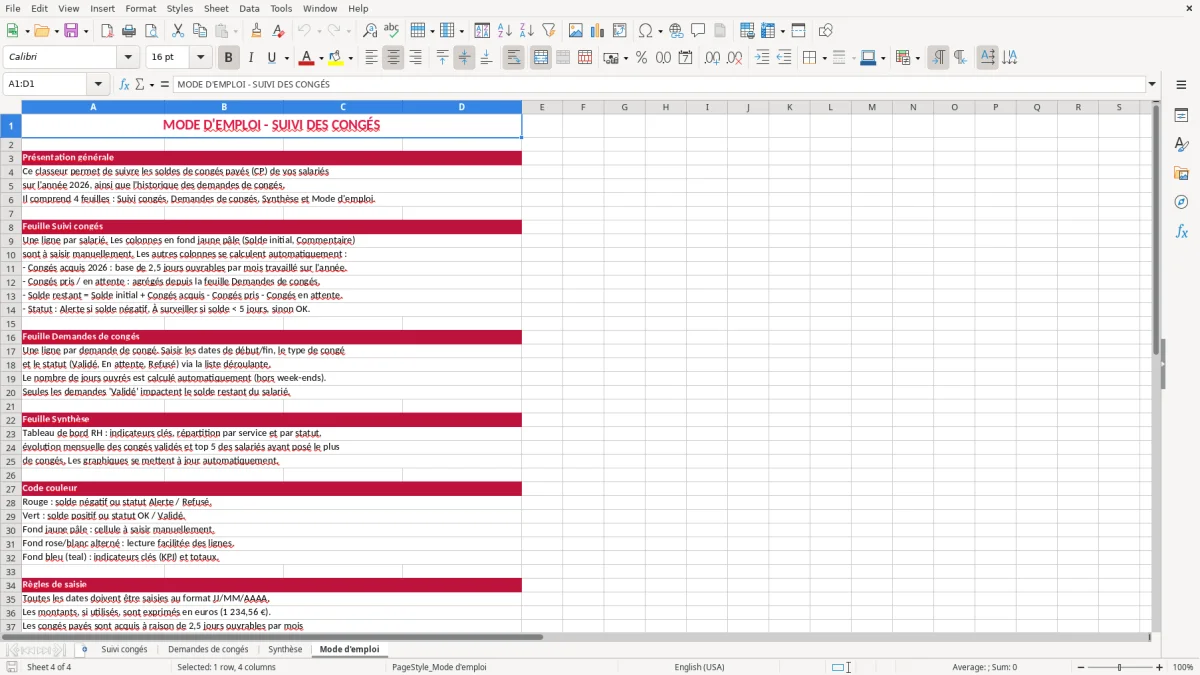 Capture 4 : feuille Mode d'emploi - Modèle Excel tableau suivi conges excel