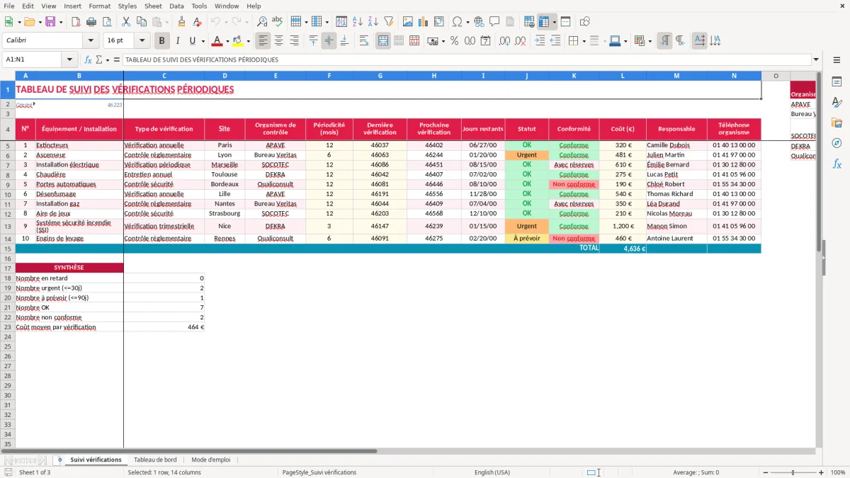 Capture 1 : feuille Suivi vérifications - Modèle Excel tableau suivi verifications periodiques excel