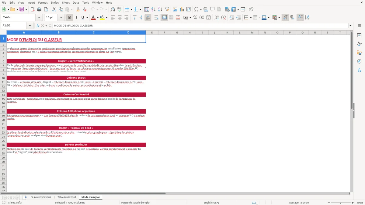 Capture 3 : feuille Mode d'emploi - Modèle Excel tableau suivi verifications periodiques excel