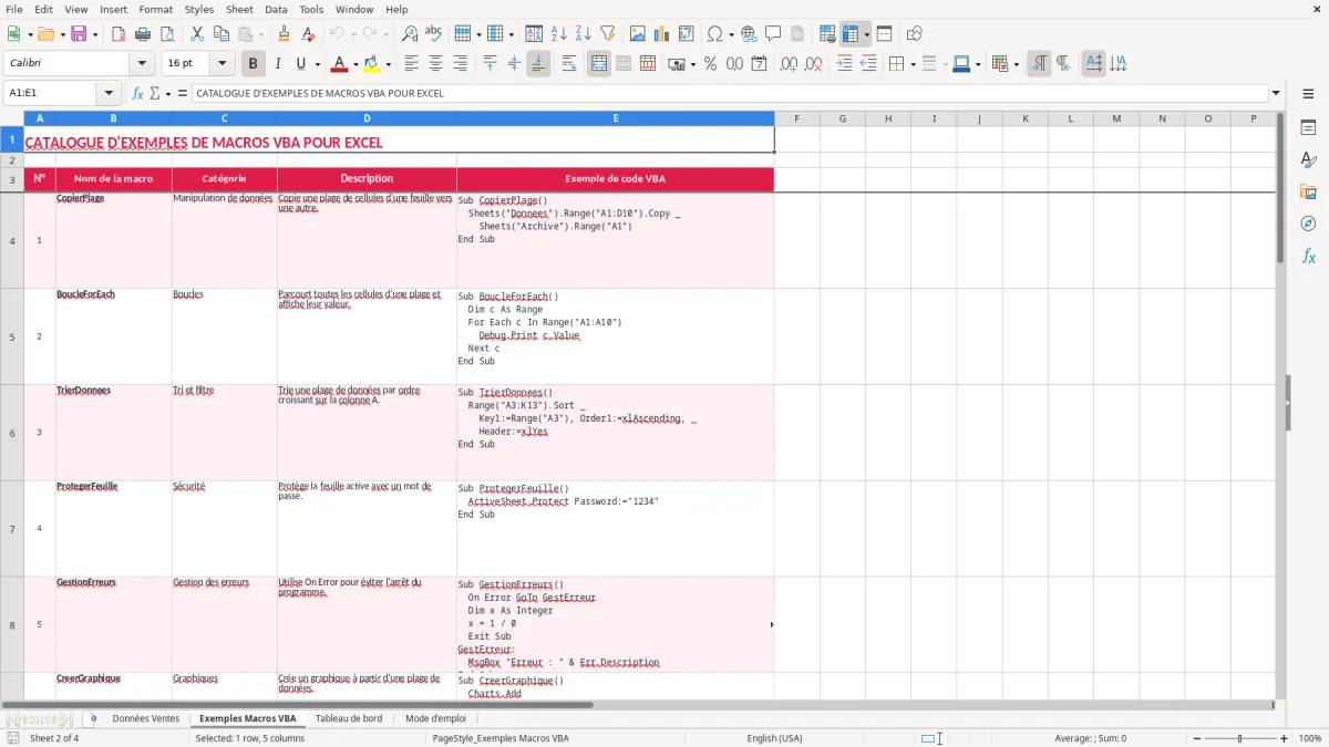 Capture 2 : feuille Exemples Macros VBA - Modèle Excel vba exemple excel