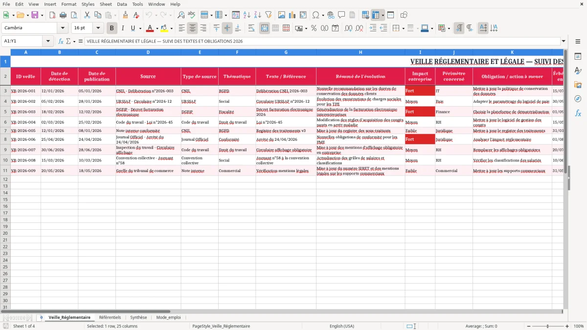 Capture 1 : feuille Veille_Réglementaire - Modèle Excel veille reglementaire legale excel