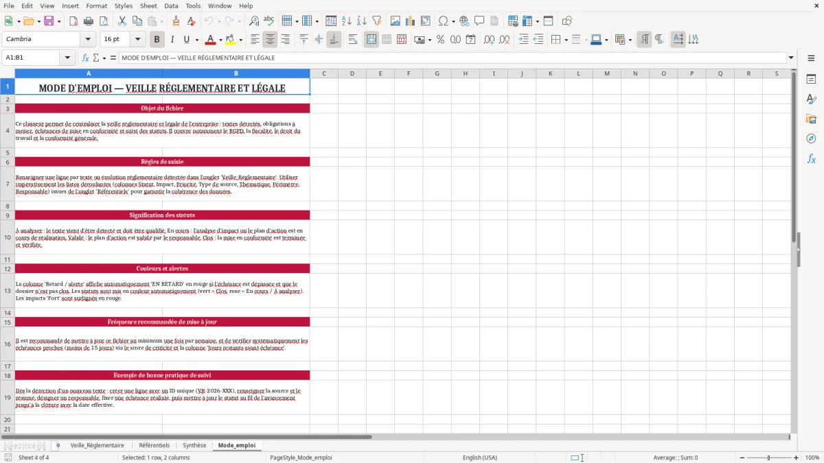 Capture 4 : feuille Mode_emploi - Modèle Excel veille reglementaire legale excel