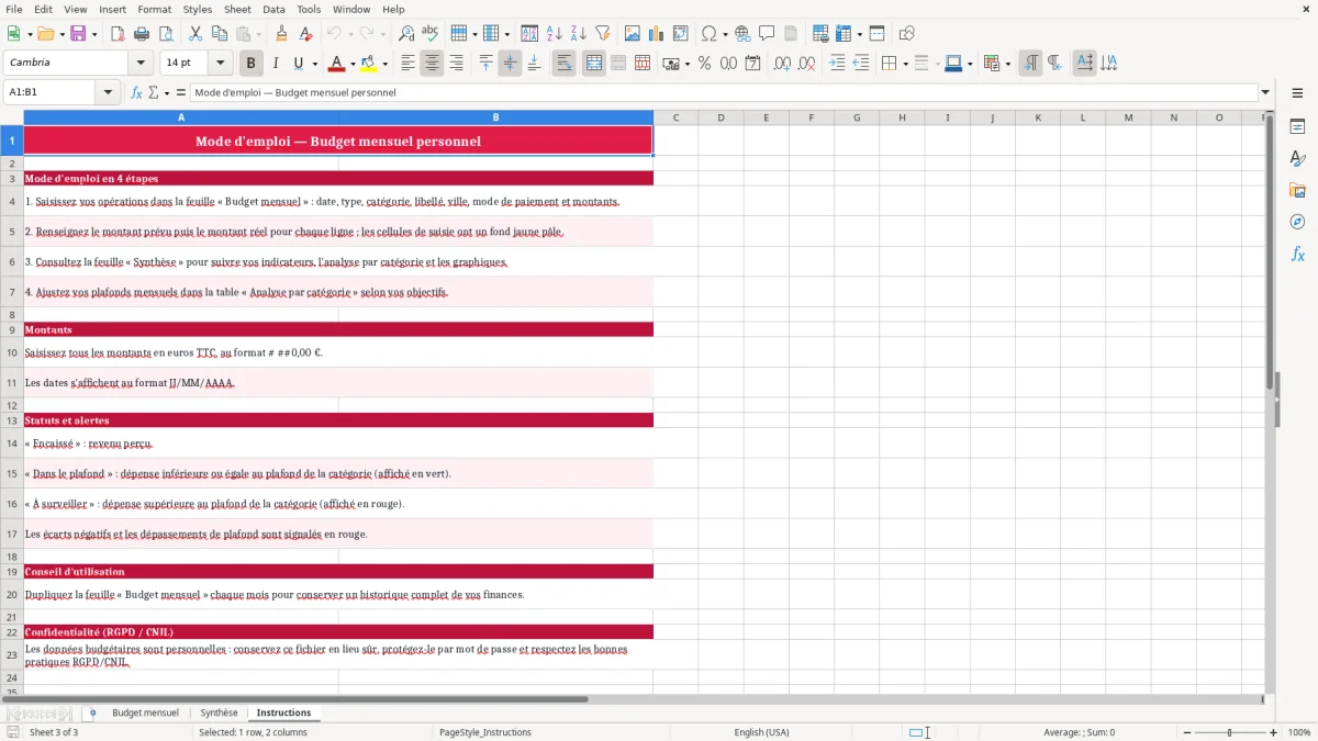 Capture 3 : feuille Instructions - Modèle Excel budget mensuel personnel excel