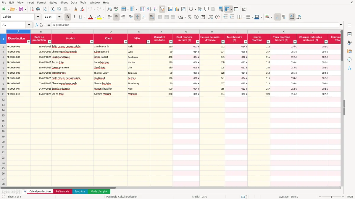 Capture 1 : feuille Calcul production - Modèle Excel calcul cout production tableau excel