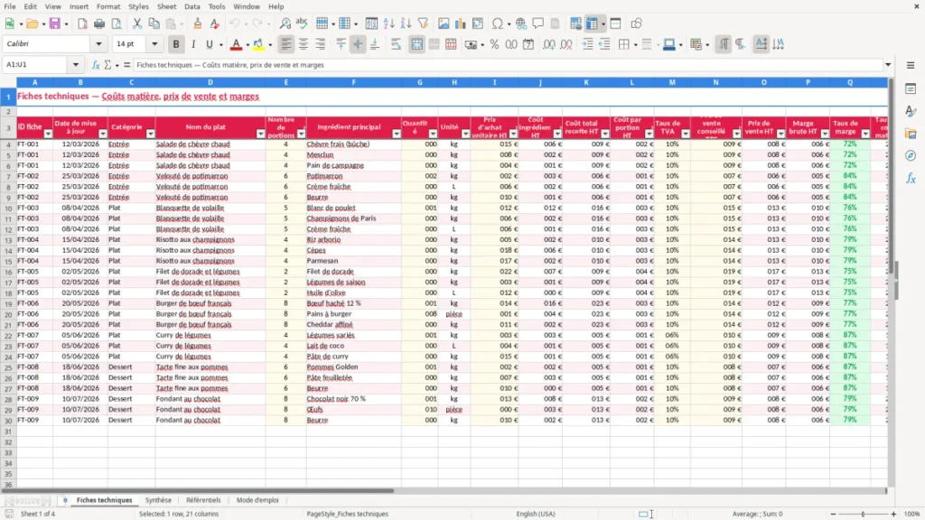 Fiches techniques – Fiche technique restauration Excel