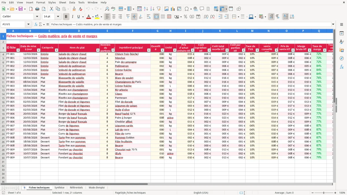 Capture 1 : feuille Fiches techniques - Modèle Excel fiche technique restauration excel