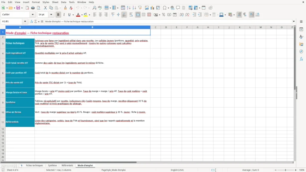 Mode d'emploi – Fiche technique restauration Excel