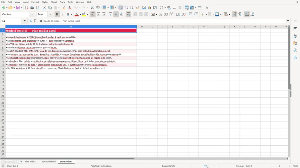 Capture 3 : feuille Instructions - Modèle Excel plan media excel