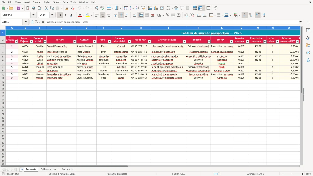 Capture 1 : feuille Prospects - Modèle Excel tableau suivi prospection excel