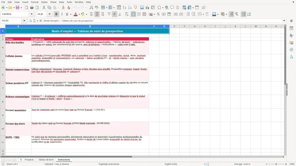 Instructions – Tableau de suivi de prospection Excel