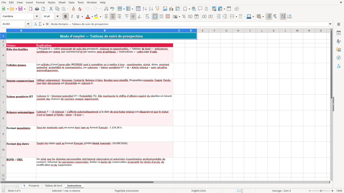 Capture 3 : feuille Instructions - Modèle Excel tableau suivi prospection excel