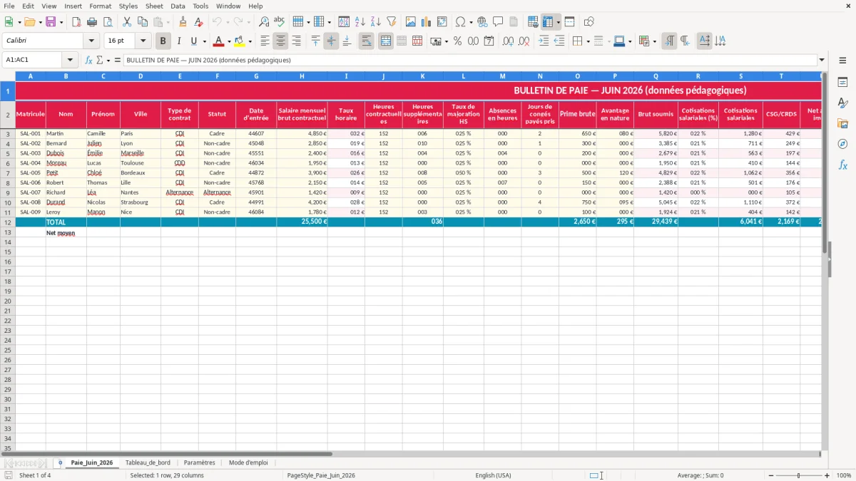 Capture 1 : feuille Paie_Juin_2026 - Modèle Excel test gestionnaire paie excel