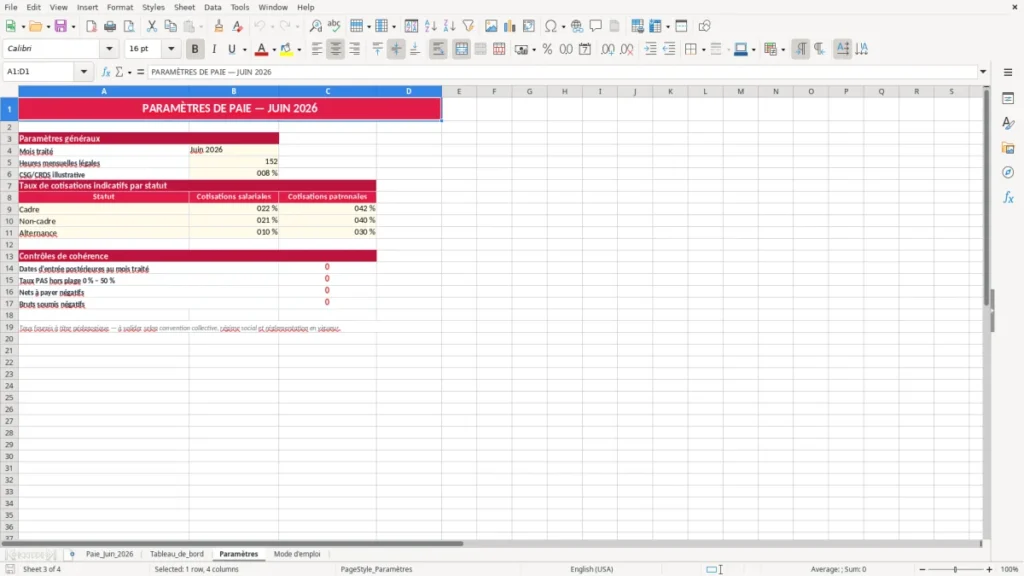 Paramètres – Test gestionnaire paie Excel