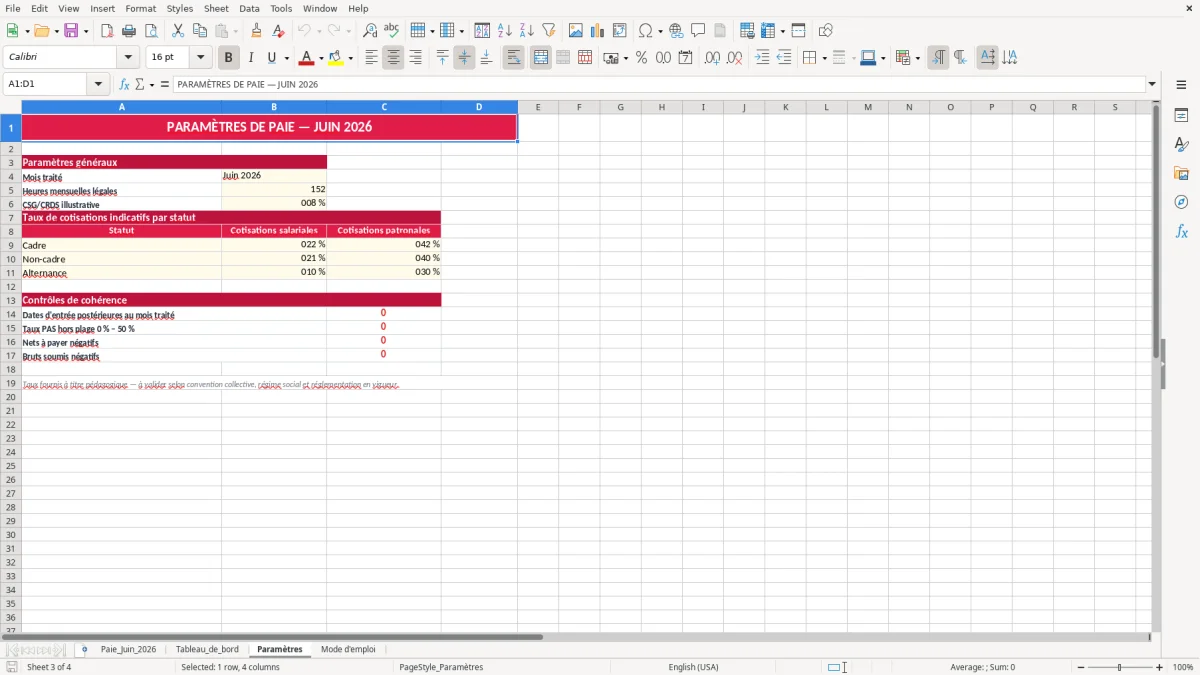 Capture 3 : feuille Paramètres - Modèle Excel test gestionnaire paie excel