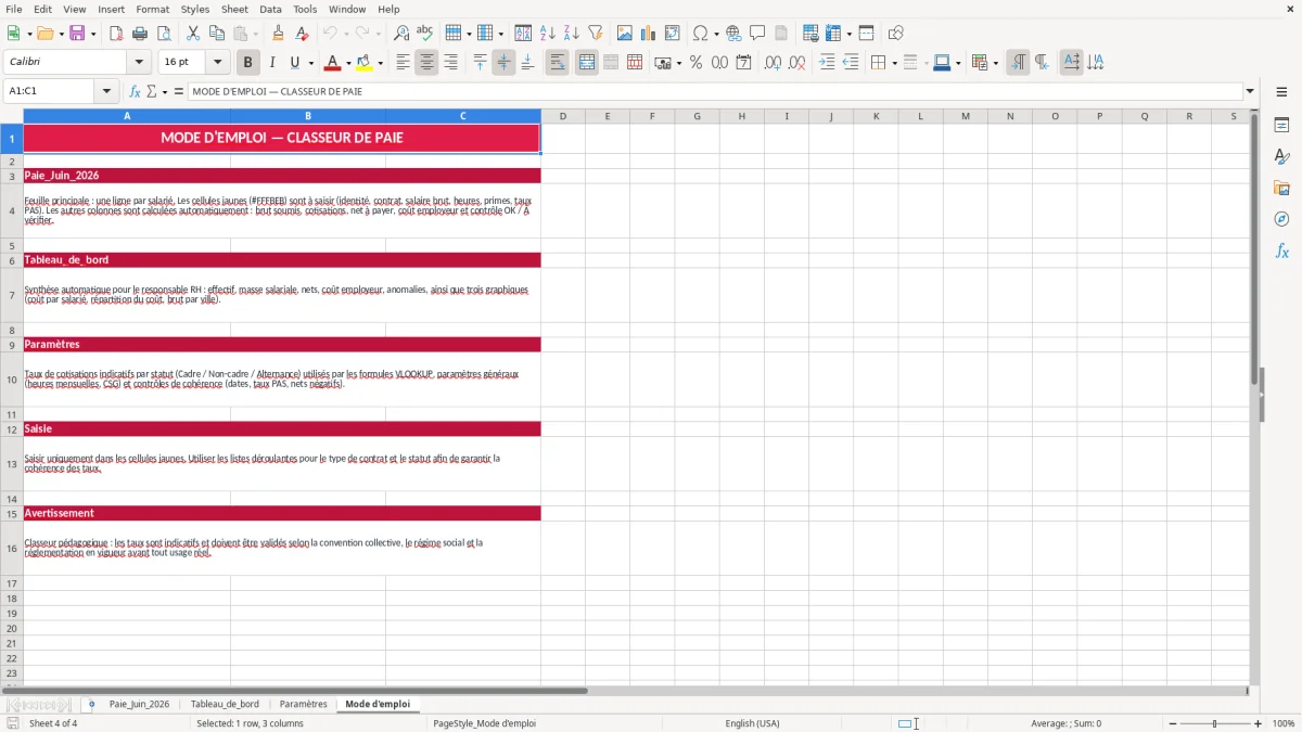 Capture 4 : feuille Mode d'emploi - Modèle Excel test gestionnaire paie excel