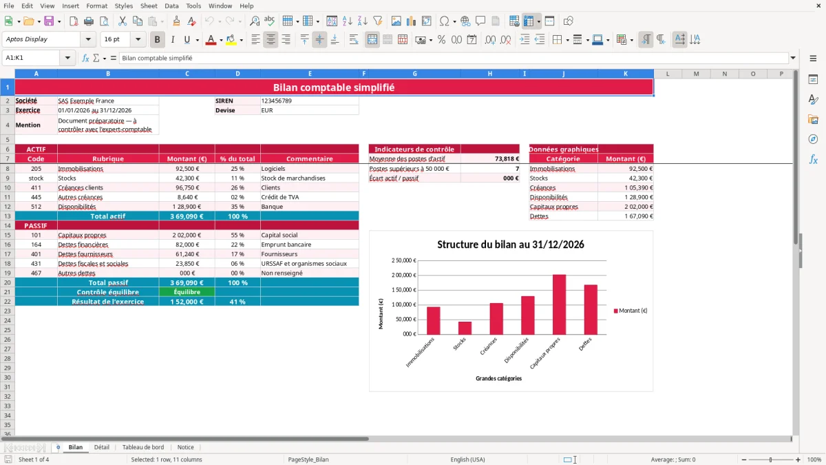 Capture 1 : feuille Bilan - Modèle Excel bilan comptable excel
